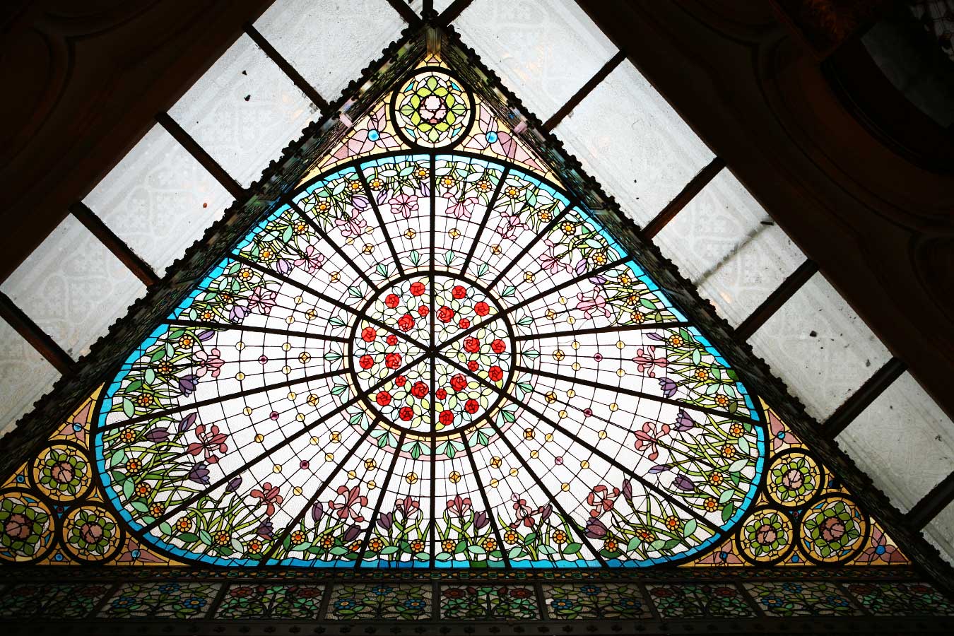 Modernism stained glass window, house Casa Vídua Marfà on Passeig de designed by architect Manuel Comas i Thos